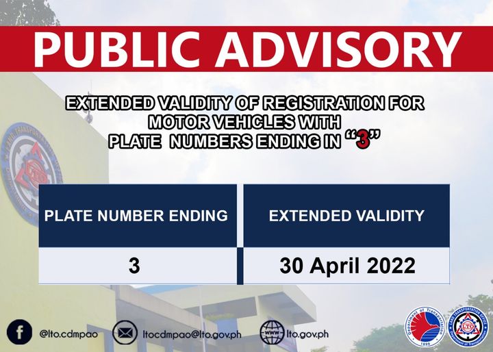 PA EXTENDED until 30 April 2022, the VALIDITY of vehicles with plates ending in “3”